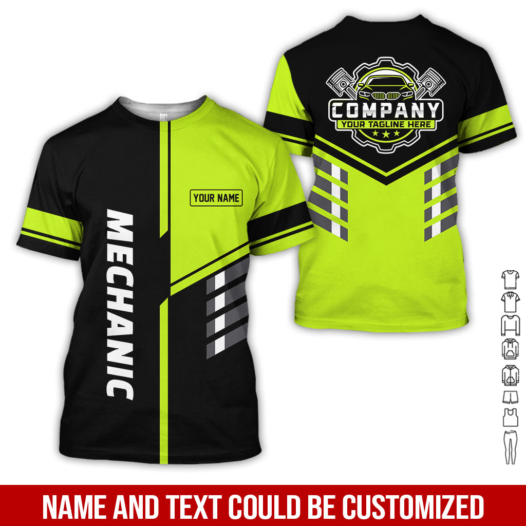 Blisscorners Personalized Work Shirt for Mechanics, Yellow Green 3D Printed Uniform for Men, Perfect Gift for Car Lovers and Garage Workers