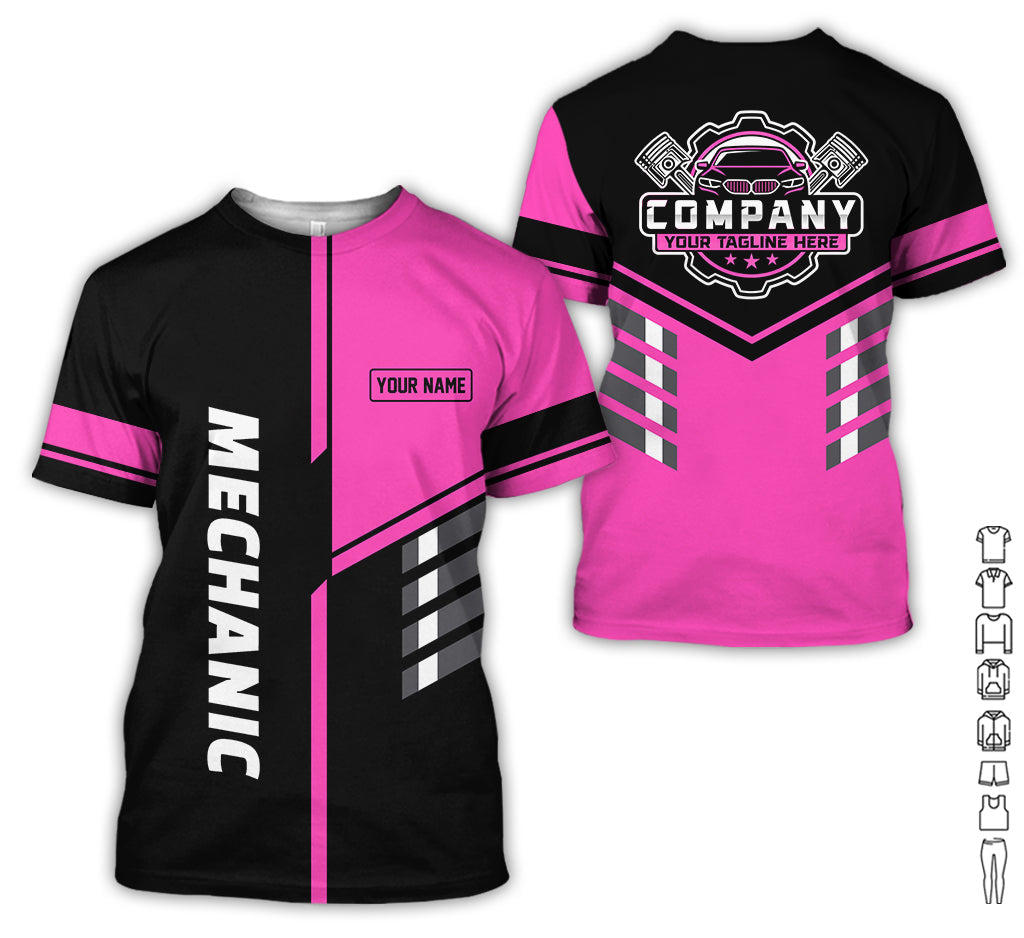 Blisscorners Personalized Work Shirt for Mechanics, Pink 3D Printed Uniform for Men, Perfect Gift for Car Lovers and Garage Workers