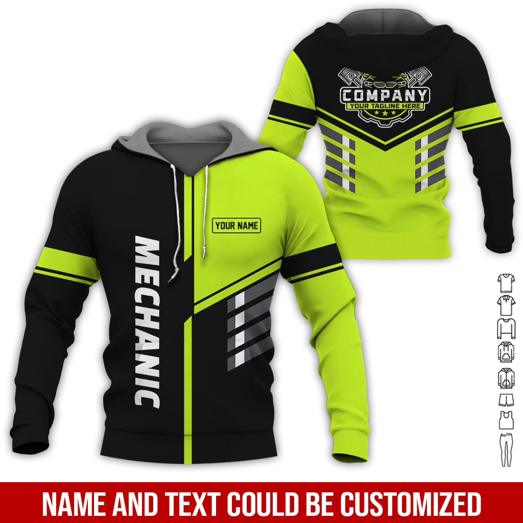 Blisscorners Personalized Work Shirt for Mechanics, Yellow Green 3D Printed Uniform for Men, Perfect Gift for Car Lovers and Garage Workers