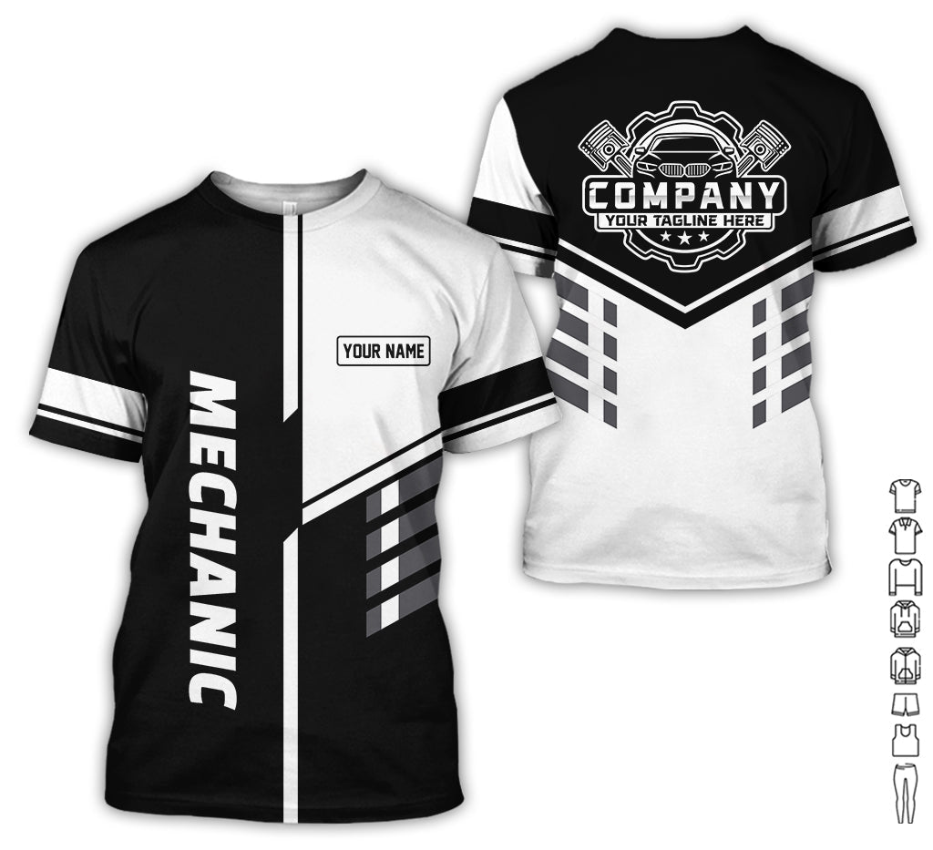 Blisscorners Personalized Work Shirt for Mechanics, White 3D Printed Uniform for Men, Perfect Gift for Car Lovers and Garage Workers