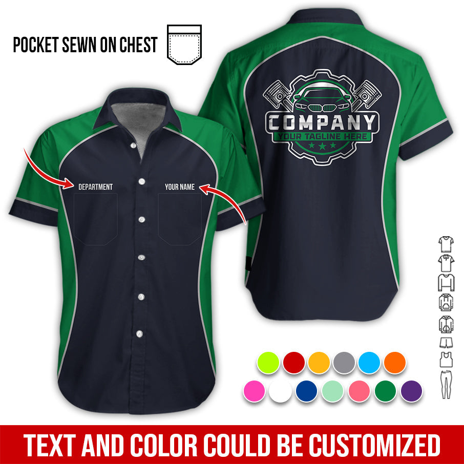 Blisscorners Custom Name Mechanic Shirt for Men, Personalized Garage Workwear Print, Great Gift for Auto Techs, Green Mechanic T-Shirt
