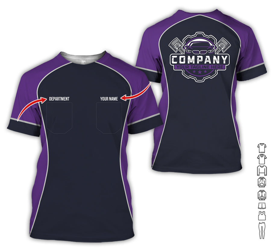Blisscorners Custom Name Mechanic Shirt for Men, Personalized Garage Workwear Print, Great Gift for Auto Techs, Purple Mechanic T-Shirt