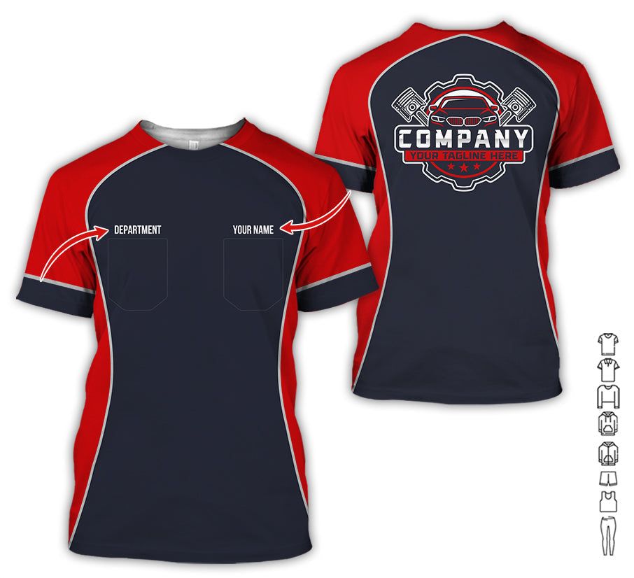 Blisscorners Custom Name Mechanic Shirt for Men, Personalized Garage Workwear Print, Great Gift for Auto Techs, Red Mechanic T-Shirt