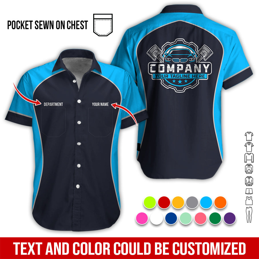 Blisscorners Custom Name Mechanic Shirt for Men, Personalized Garage Workwear Print, Great Gift for Auto Techs, Blue Mechanic T-Shirt