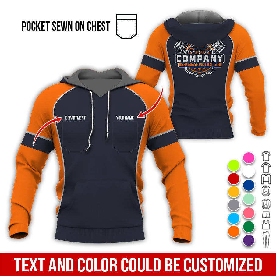 Blisscorners Custom Name Mechanic Shirt for Men, Personalized Garage Workwear Print, Great Gift for Auto Techs, Orange Mechanic T-Shirt
