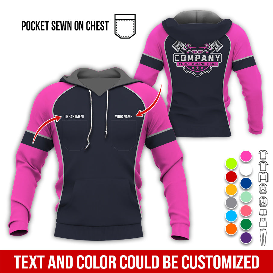 Blisscorners Custom Name Mechanic Shirt for Men, Personalized Garage Workwear Print, Great Gift for Auto Techs, Pink Mechanic T-Shirt