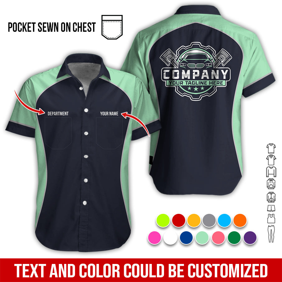 Blisscorners Custom Name Mechanic Shirt for Men, Personalized Garage Workwear Print, Great Gift for Auto Techs, Seafoam Mechanic T-Shirt
