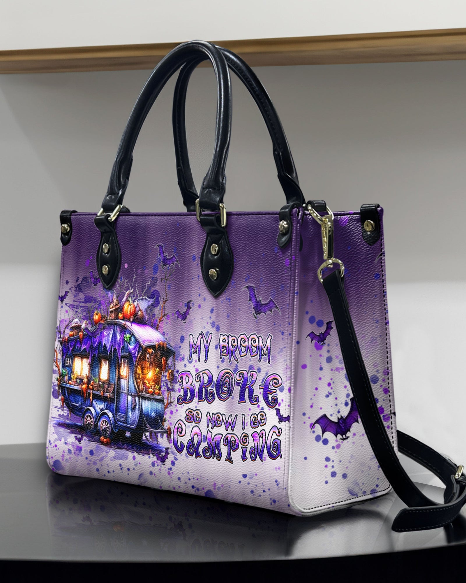 BLISSCORNERS MY BROOM BROKE CAMPING HALLOWEEN LEATHER HANDBAG