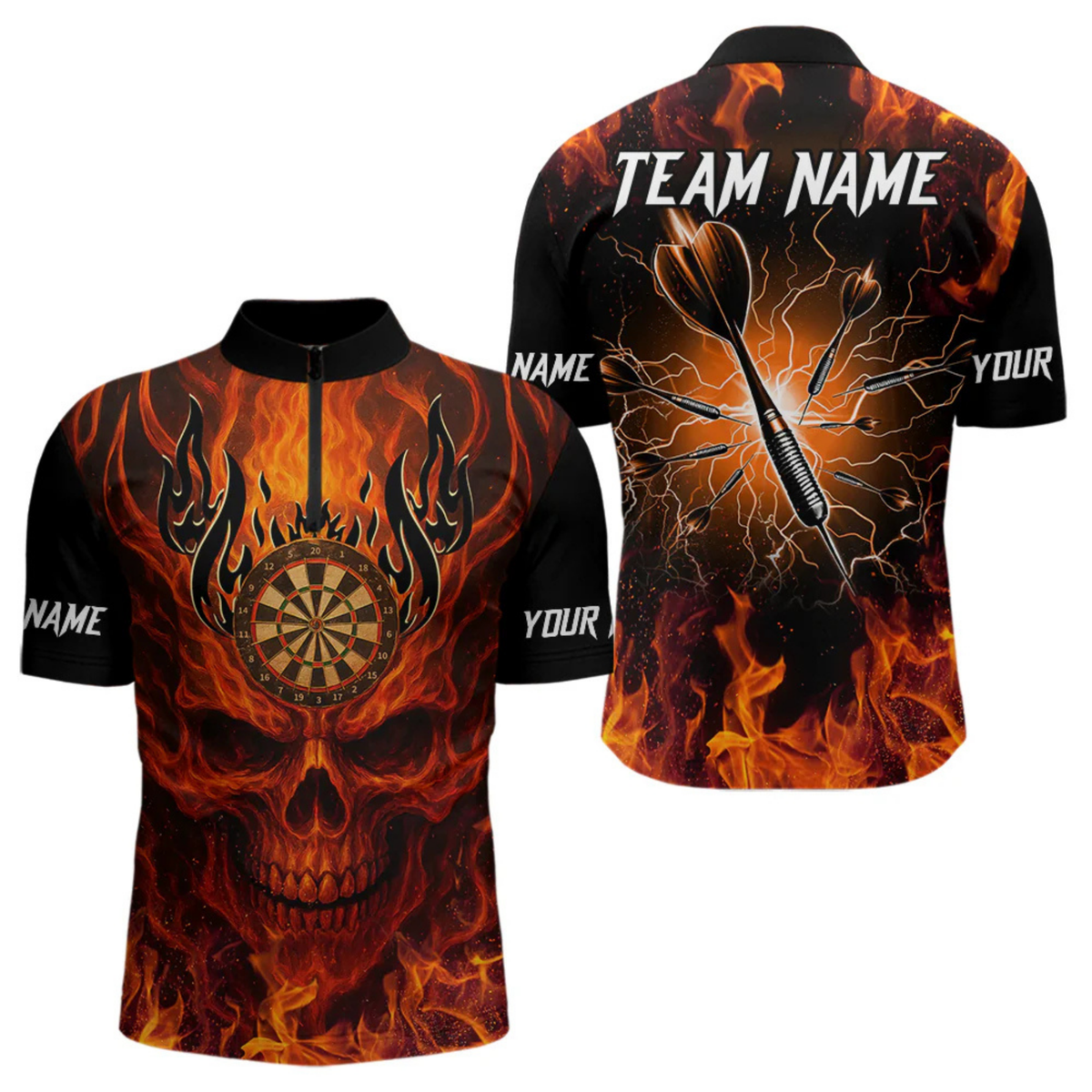 Blisscorners Orange Flaming Skull Men's Dart Jerseys Custom Dart Fire Lightning Darts Team Shirt Polo & 1/4 Zip LM064