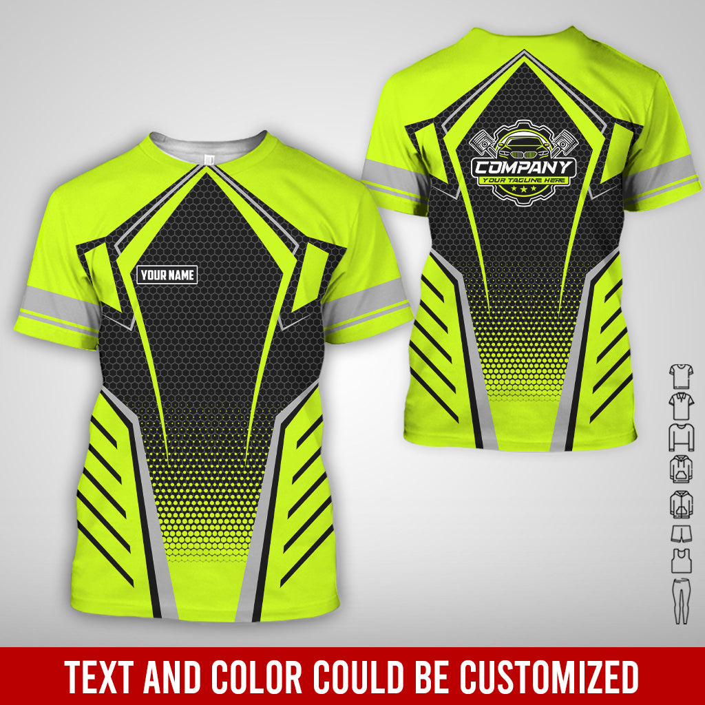 Blisscorners Custom Mechanic Work Shirt with Name, Gift for Technicians and Car Guys, Mechanic Shirt In Green Yellow, Sizes S to 5XL