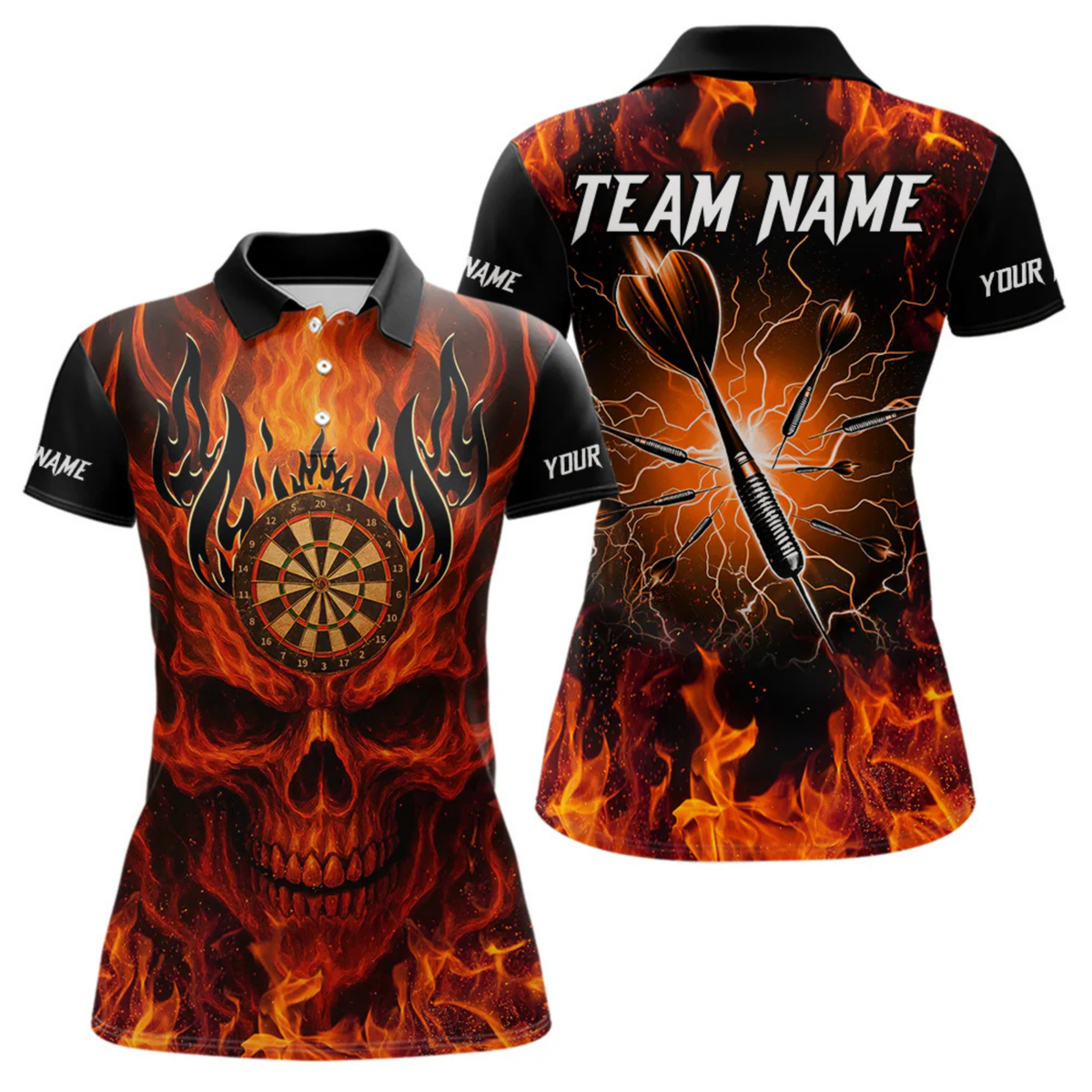 Blisscorners Orange Flaming Skull Men's Dart Jerseys Custom Dart Fire Lightning Darts Team Shirt Polo & 1/4 Zip LM064