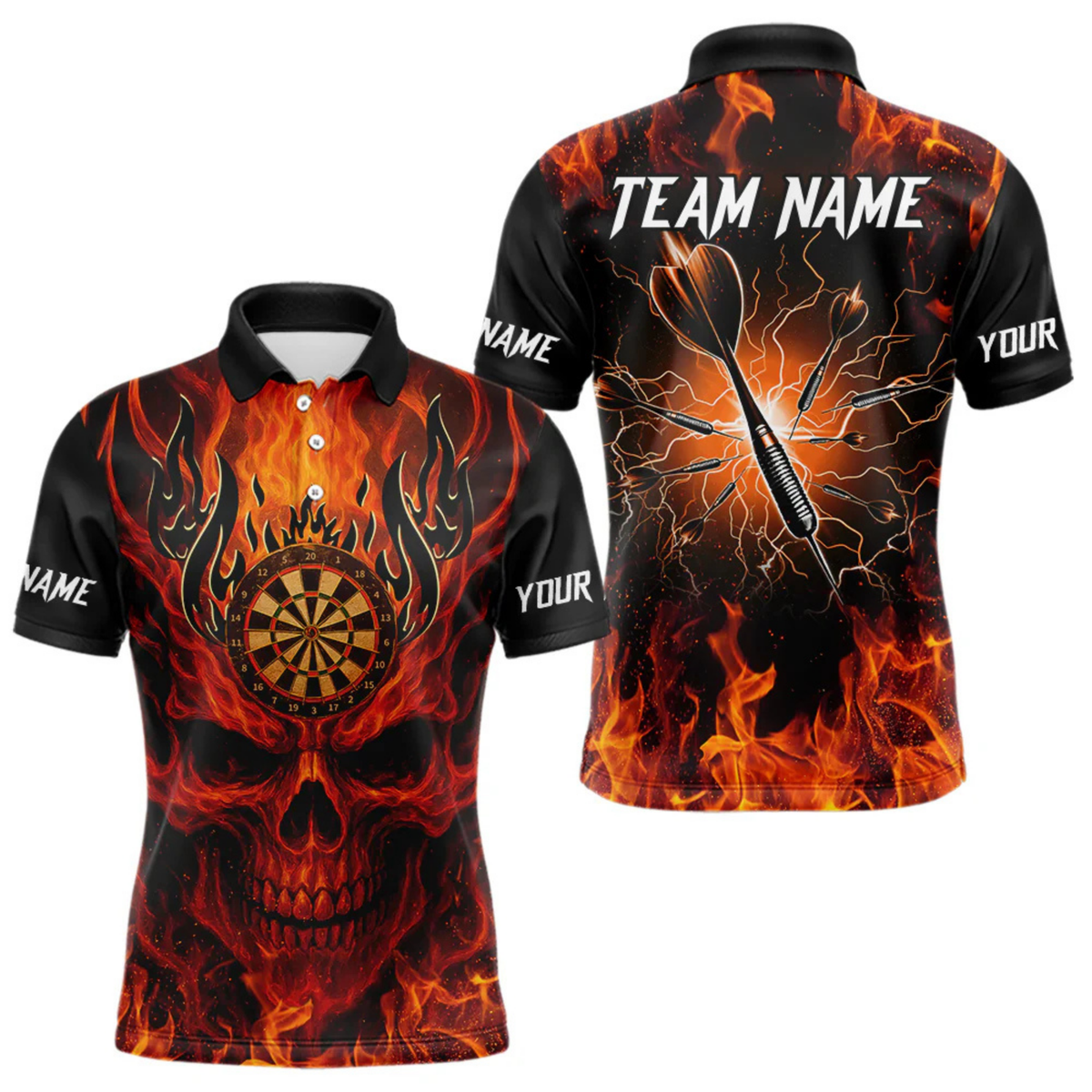 Blisscorners Orange Flaming Skull Men's Dart Jerseys Custom Dart Fire Lightning Darts Team Shirt Polo & 1/4 Zip LM064
