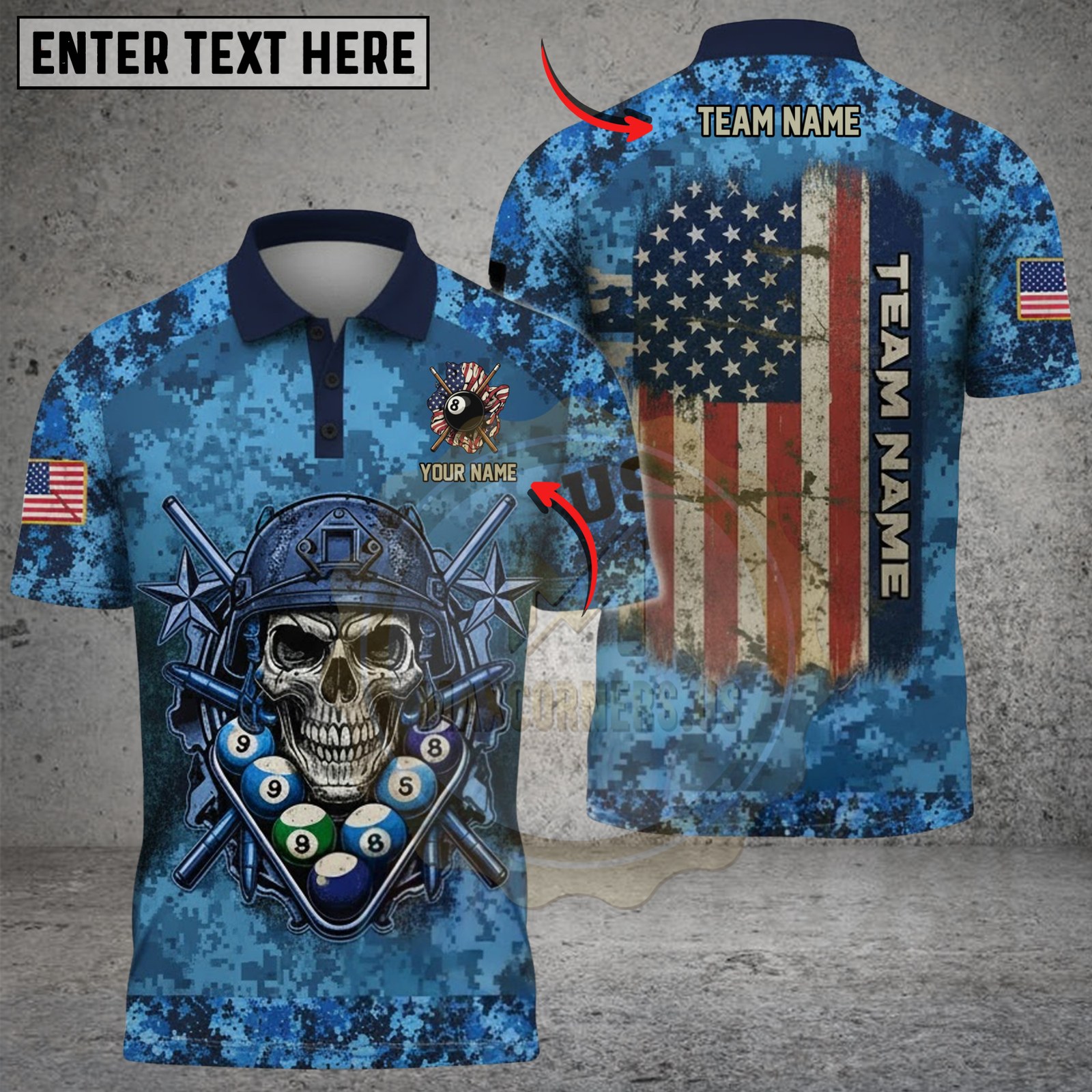 Blisscorners Billiard Skull US FLag Multicolor Customized Name, Team Name 3D Shirts