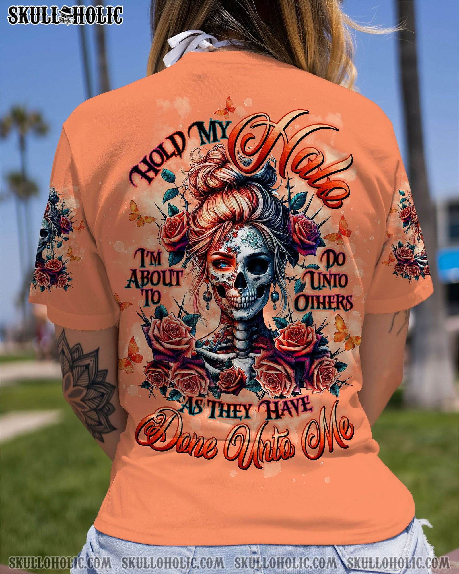 BLISSCORNERS HOLD MY HALO SKULL MESSY BUN ALL OVER PRINT