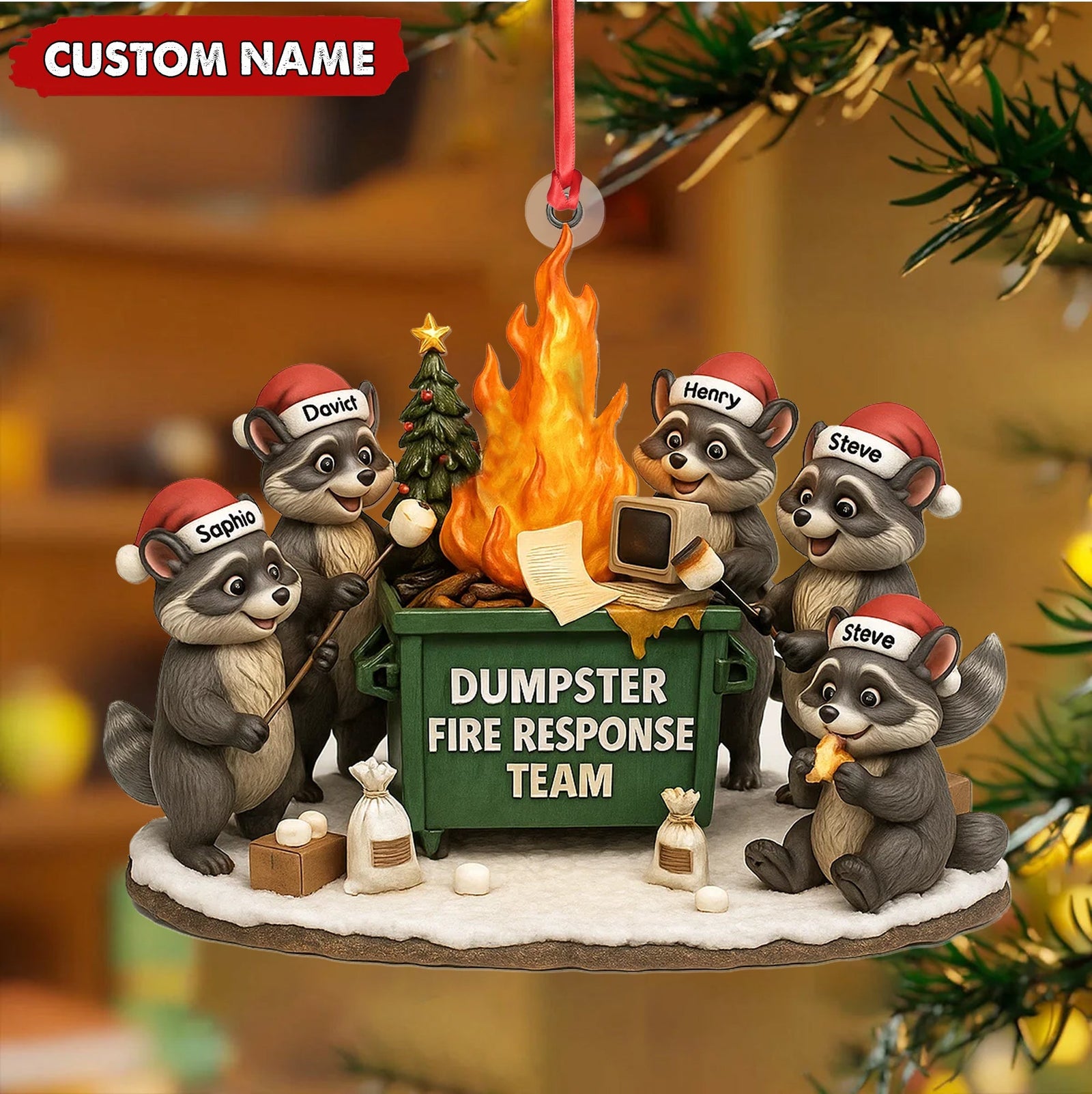 Blisscorners Personalized Dumpster Fire Response Team Christmas Ornament, Custom Name Raccoon Office Crew Gift, Funny Workplace Dumpster Fire Holiday Decor MT2411