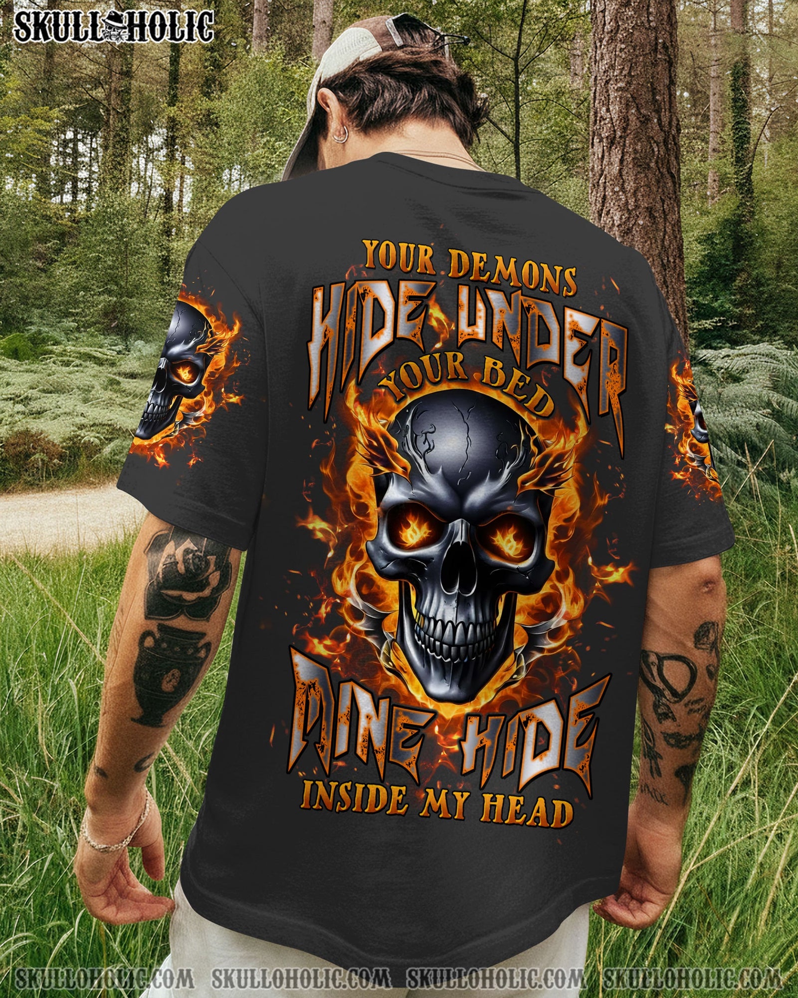 BLISSCORNERS YOUR DEMONS HIDE UNDER YOUR BED FIRE SKULL ALL OVER PRINT
