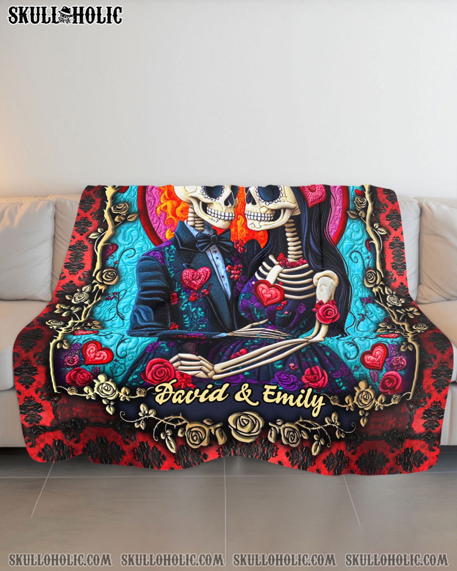 BLISSCORNERS PERSONALIZED SKULL COUPLE FLEECE BLANKET
