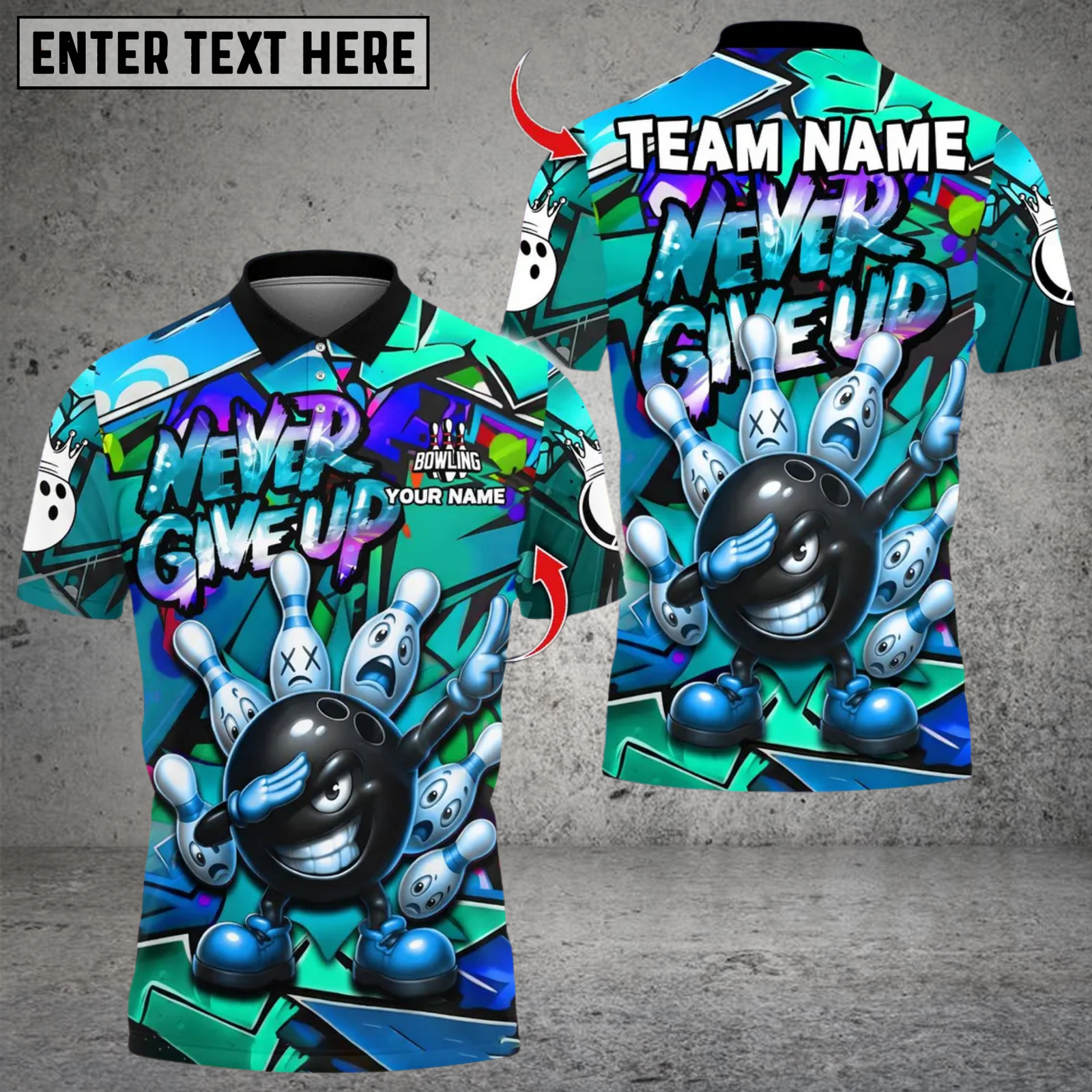 Blisscorners Bowling Funny Ball Never Give Up Multicolor Customized Name, Team Name 3D Shirts