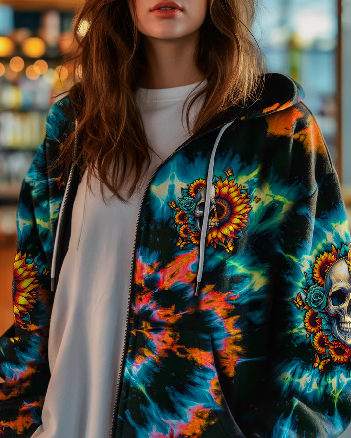 BLISSCORNERS SHE IS SUNSHINE SUNFLOWER SKULL TIE DYE ALL OVER PRINT