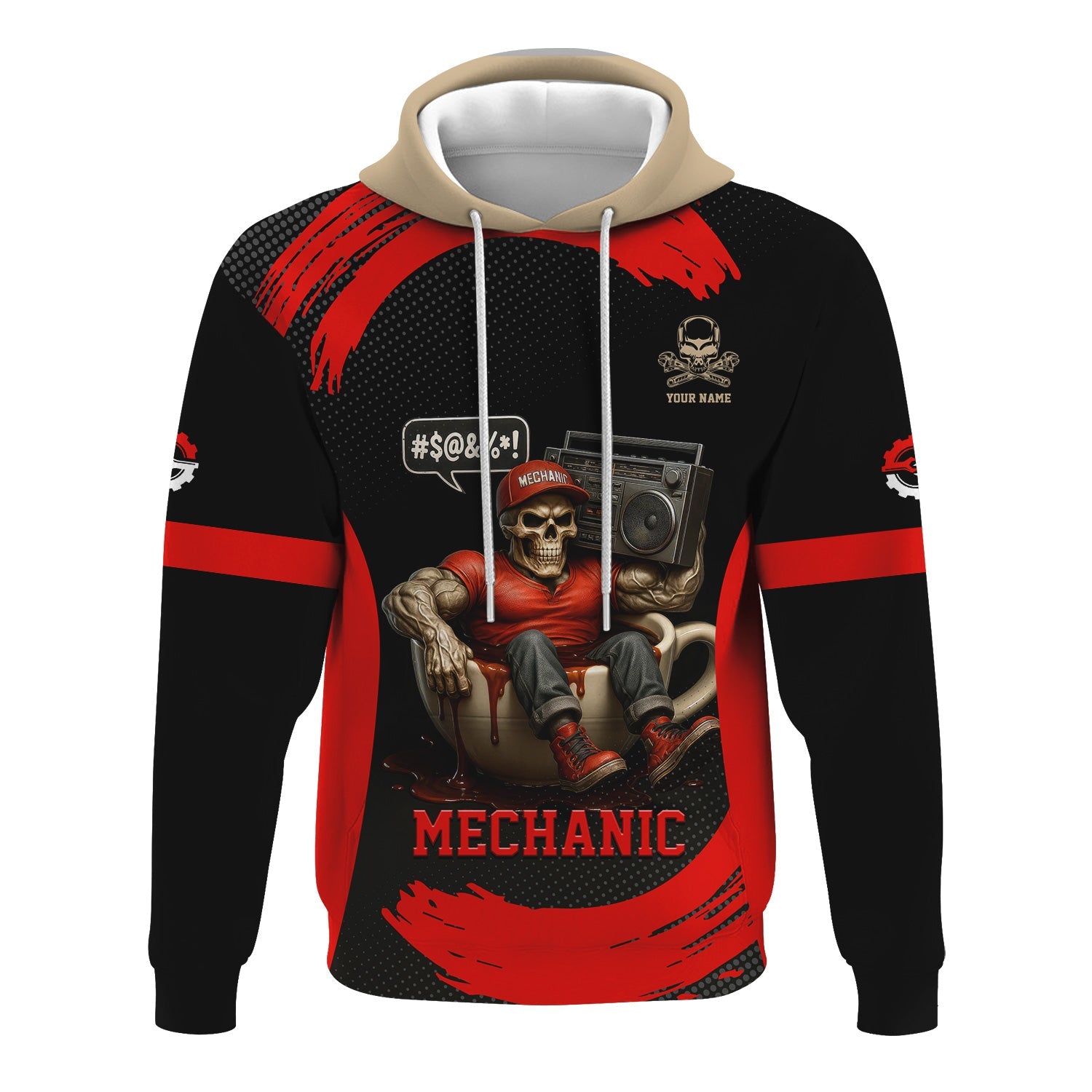 Blisscorners Custom Name Mechanic T-Shirt, I Run On Caffeine Grease Loud Music & Cuss Words, Funny Skull Graphic Tee for Auto Repair, Garage, Car Lovers