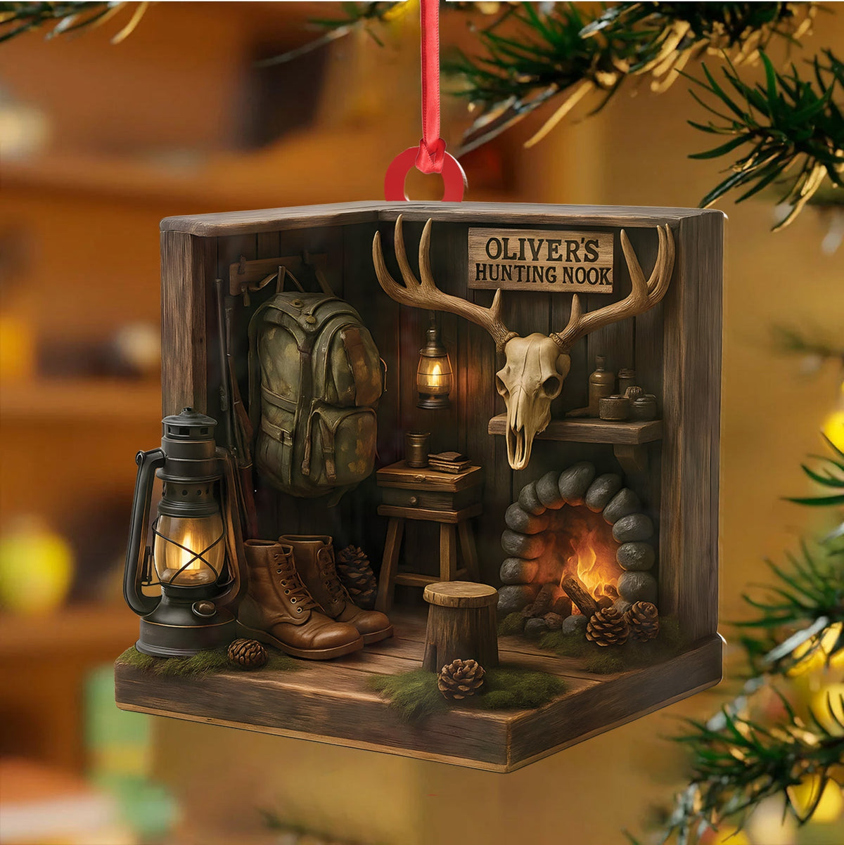 Blisscorners Personalized Hunting Cabin Ornament, Custom Name Deer Antler Lodge Christmas Decoration LM0411