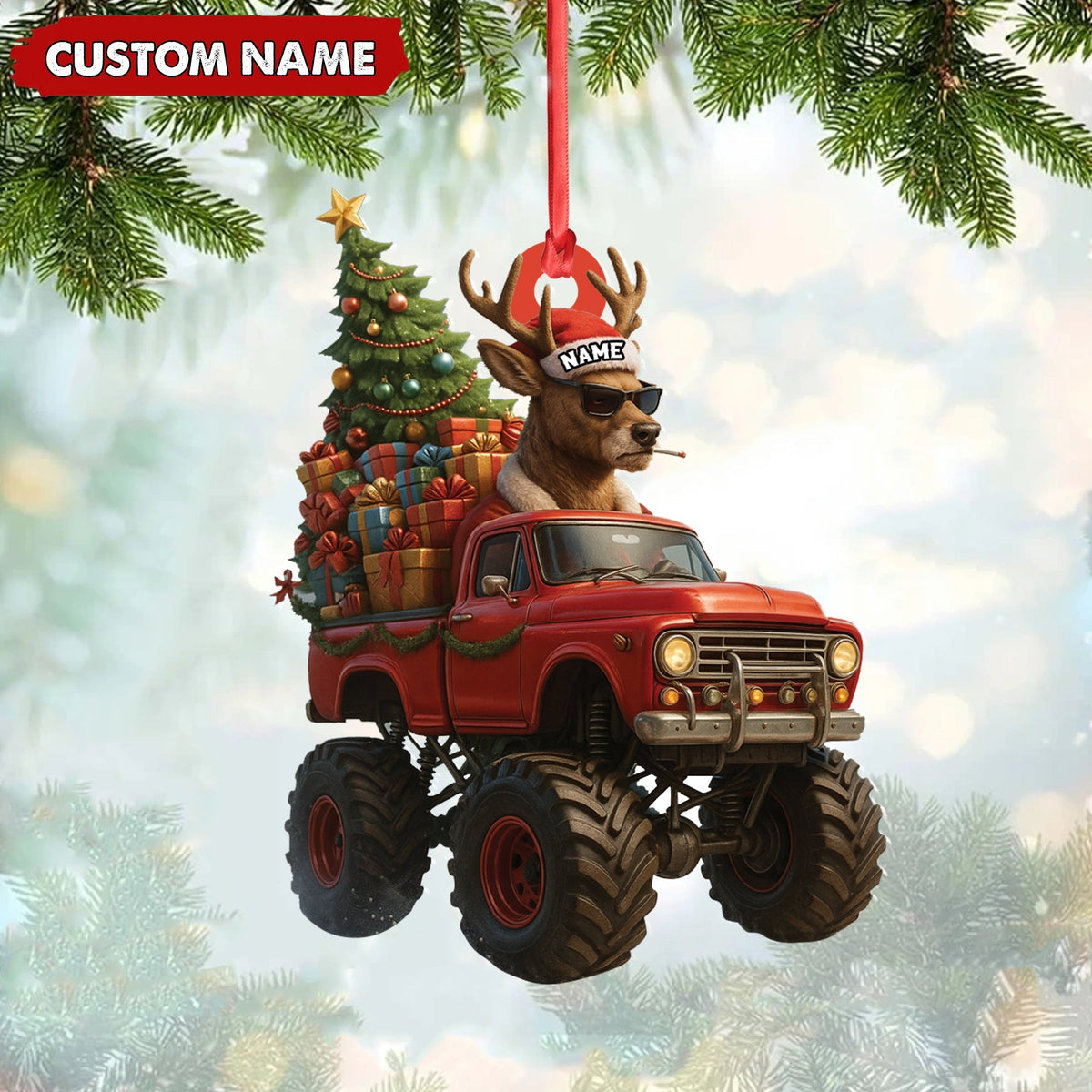 Blisscorners Personalized Funny Deer Truck Acrylic Christmas Ornament - Custom Name Gift for Hunters & Outdoor Lovers LM0411