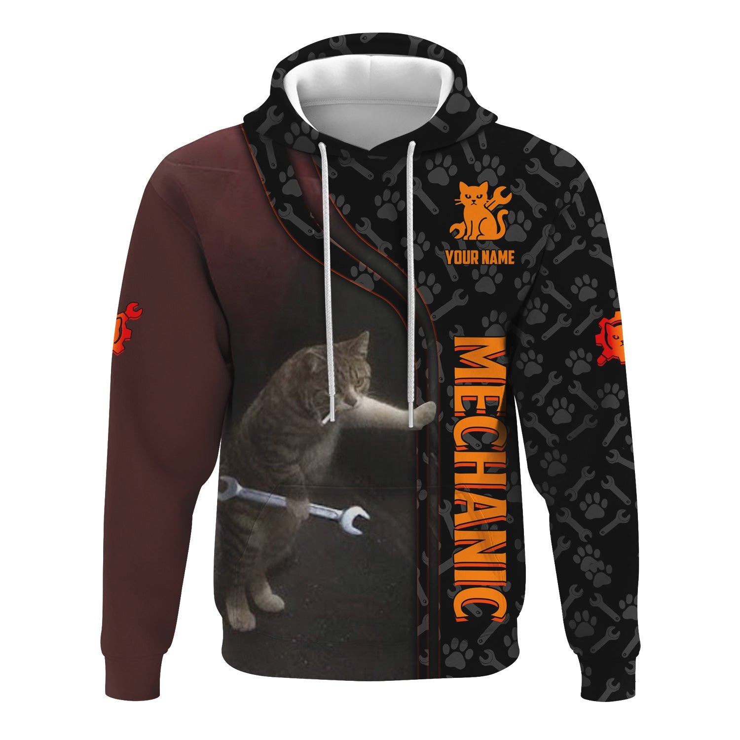 Blisscorners Custom Name Funny Cat Mechanic Shirt With Cat Paw And Wrench Hoodie Jacket For Mechanic