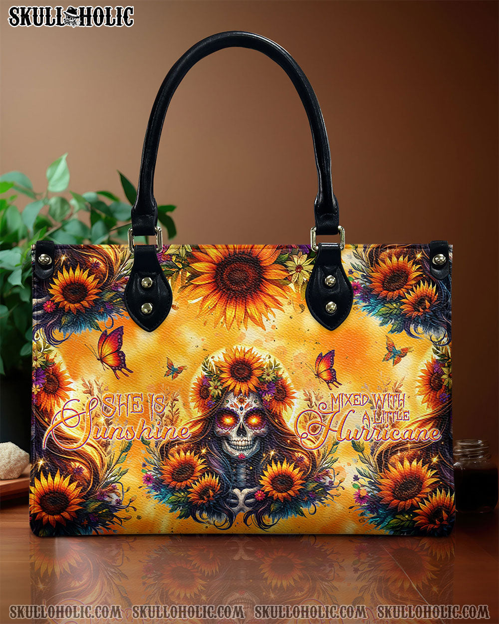 BLISSCORNERS SHE IS SUNSHINE SUNFLOWER SKULL LEATHER HANDBAG