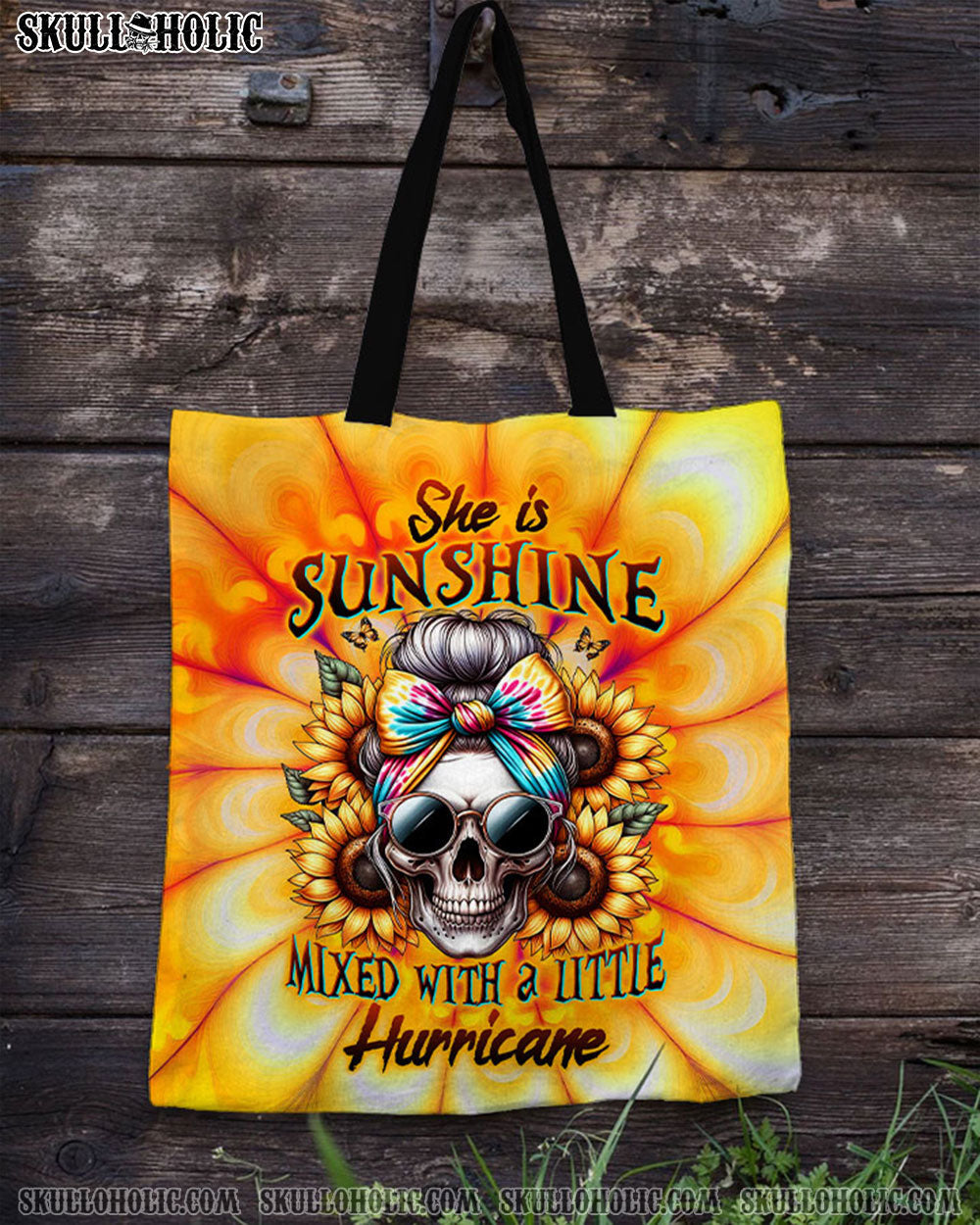 BLISSCORNERS SHE IS SUNSHINE SKULL TIE DYE TOTE BAG