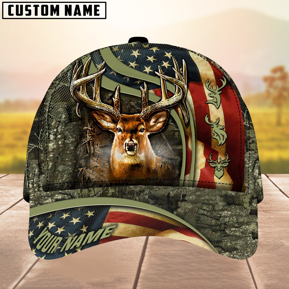 Blisscorners USA Flag Deer Hunting Camouflage Pattern Multicolor Personalized Name 3D Cap
