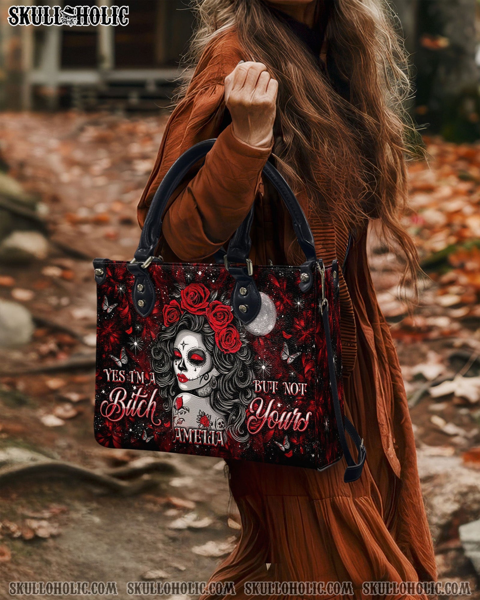 BLISSCORNERS YES I'M A B BUT NOT YOURS SUGAR SKULL LEATHER HANDBAG