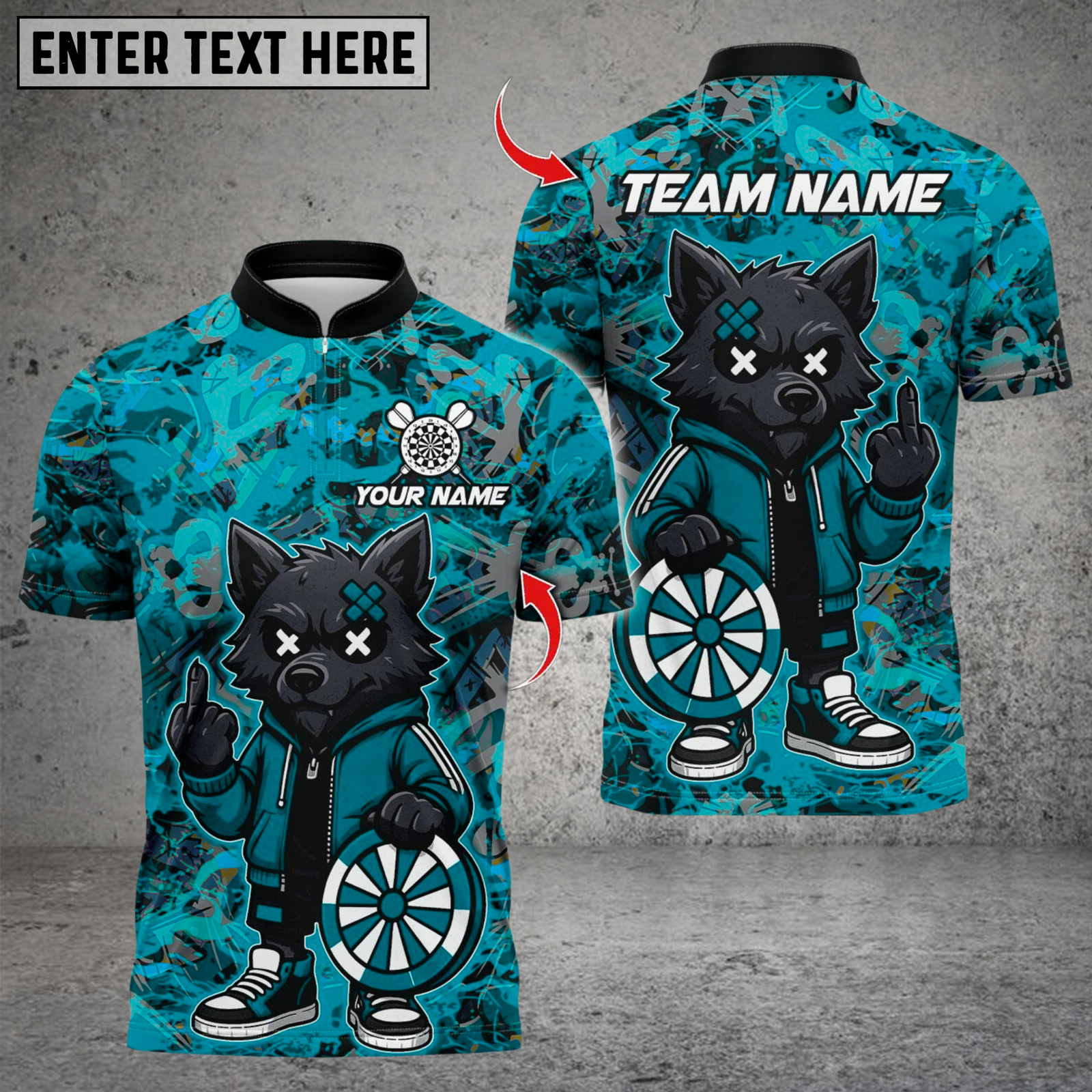 Blisscorners Darts Cartoon Wolf Graffiti Multicolor Customized Name, Team Name 3D Shirts