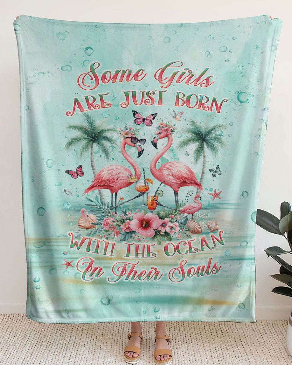 BLISSCORNERS SOME GIRLS ARE JUST BORN FLAMINGO WOVEN AND FLEECE BLANKET