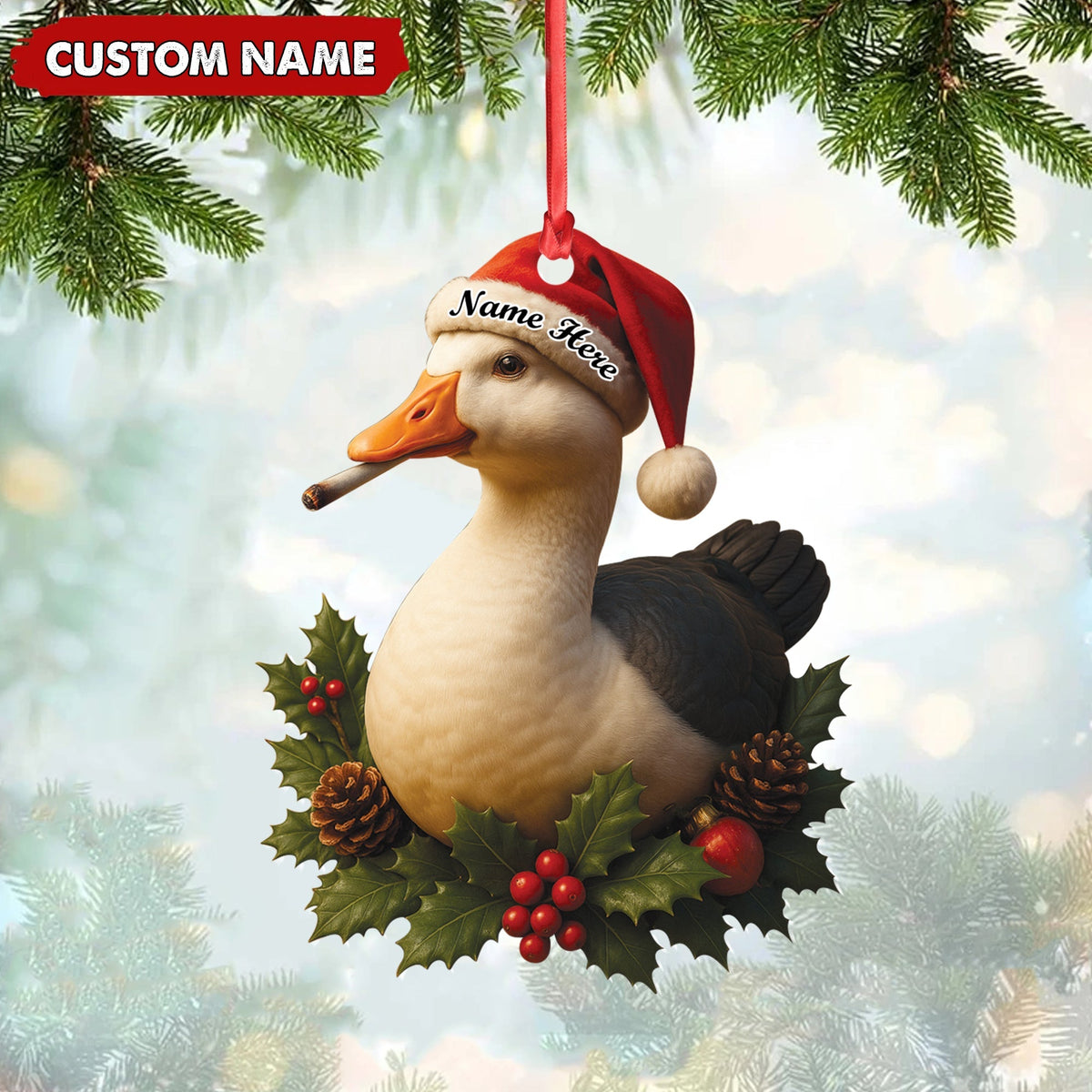 Blisscorners Personalized Funny Duck Smoking Acrylic Christmas Ornament - Custom Name Holiday Gift for Hunters & Outdoor Lovers LM0411