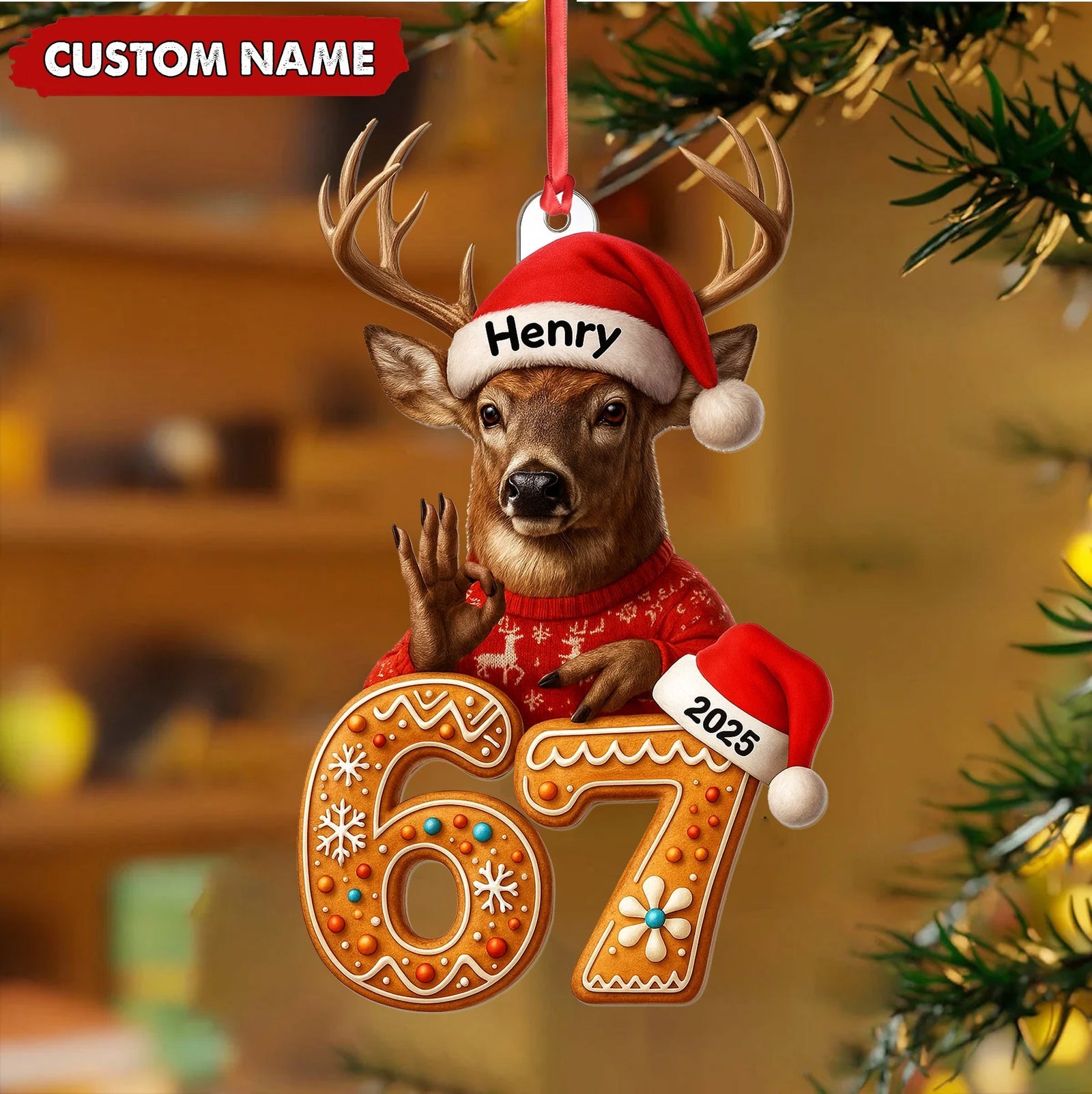 Blisscorners Personalized Deer Christmas Ornament, 67 Gingerbread Number Decoration 2025, Funny Buck Birthday Holiday Tree Gift MT2411