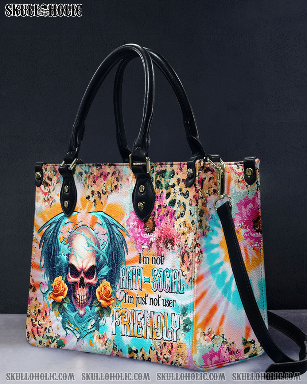 BLISSCORNERS I'M NOT ANTI-SOCIAL SKULL WINGS TIE DYE LEATHER HANDBAG
