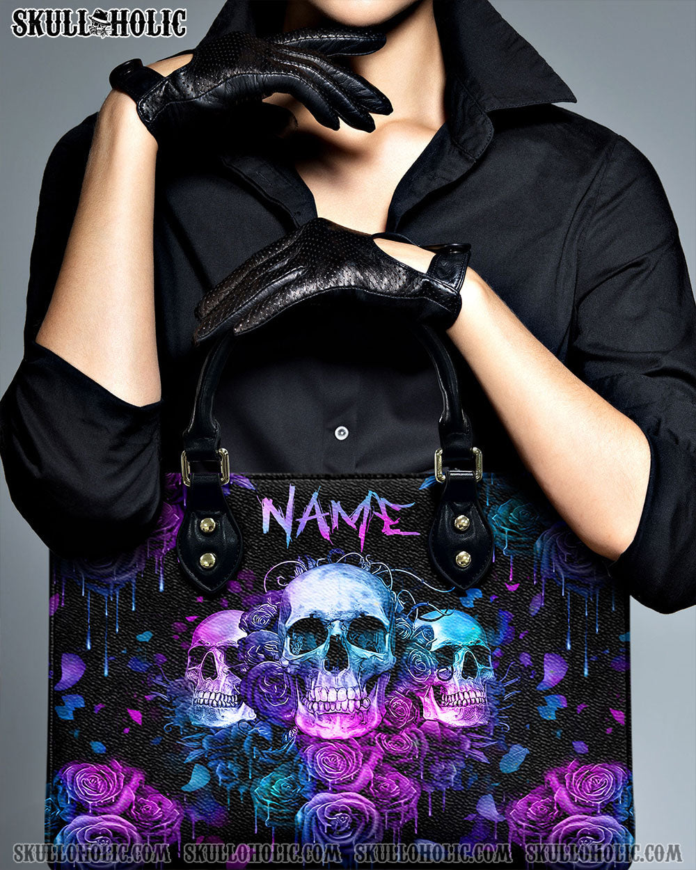 BLISSCORNERS THREE SKULLS ROSE LEATHER HANDBAG