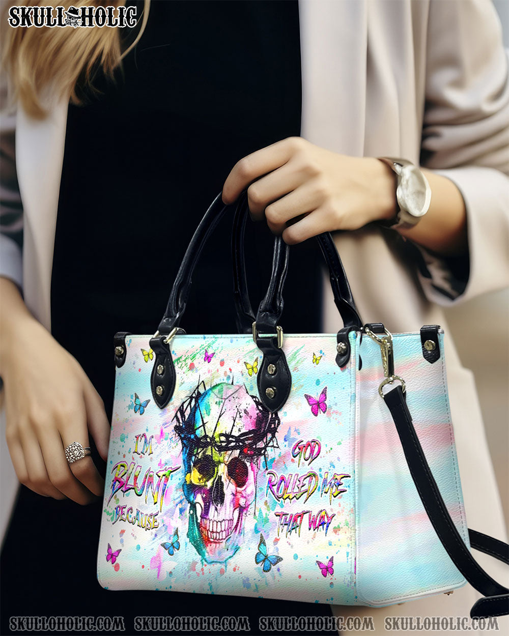 BLISSCORNERS I'M BLUNT BECAUSE GOD ROLLED ME LEATHER HANDBAG