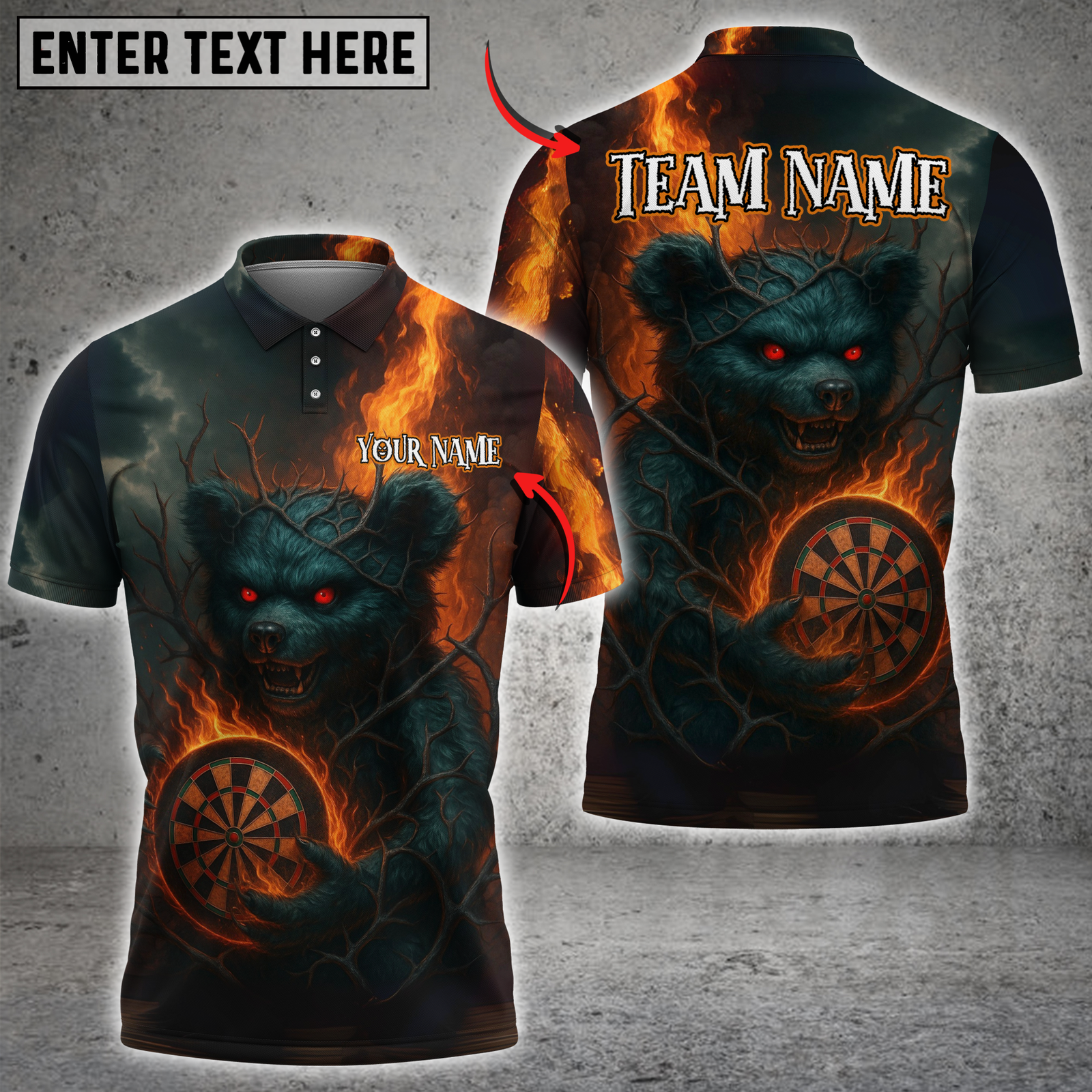 Blisscorners Darts Dark Bear with Flaming Dartboard Multicolor Customized Name, Team Name 3D Shirts