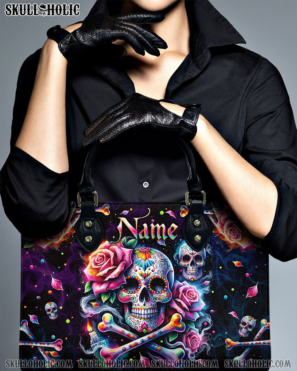 BLISSCORNERS SKULL BONES ROSE LEATHER HANDBAG