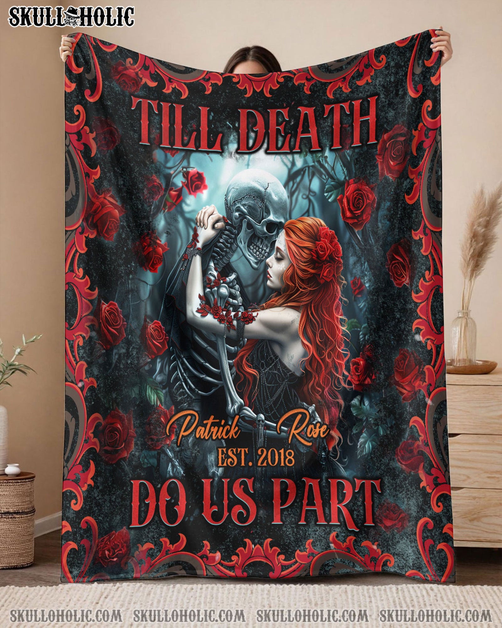 BLISSCORNERS PERSONALIZED TILL DEATH DO US PART COUPLE SKELETON FLEECE BLANKET