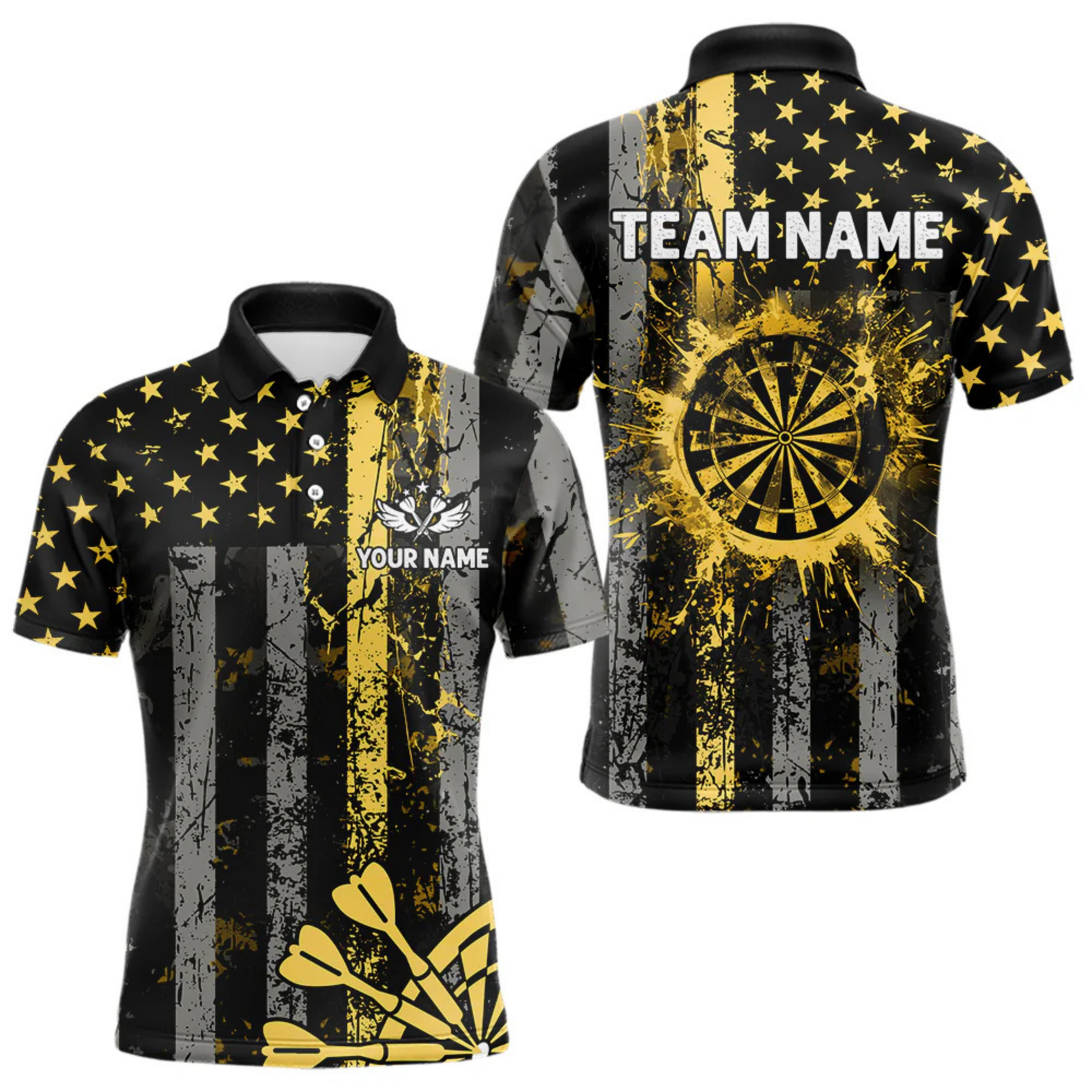 Blisscorners Custom Gold Grunge US Flag Patriotic Darts Shirt For Men, Retro Darts Board Darts Team Jerseys  LM0705