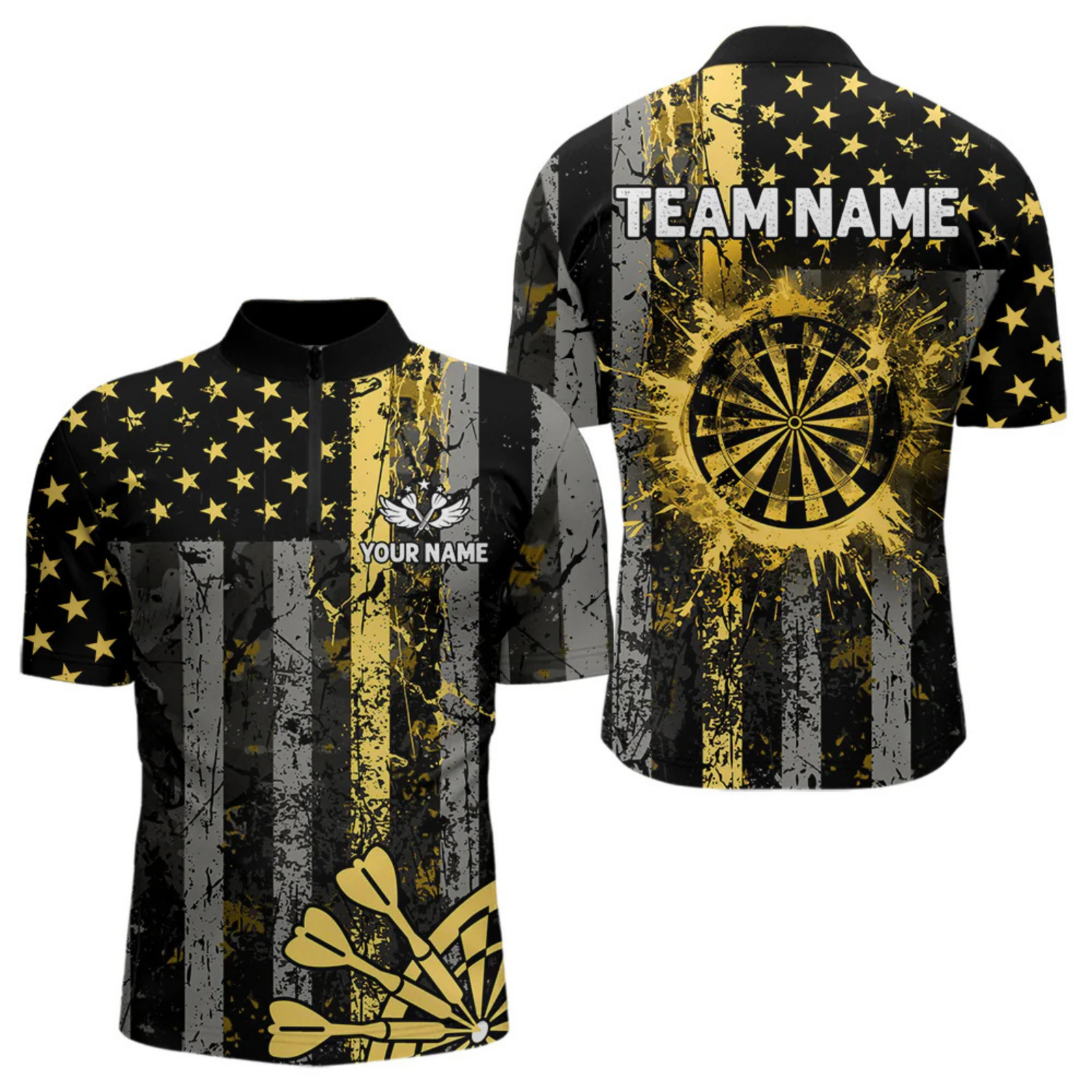 Blisscorners Custom Gold Grunge US Flag Patriotic Darts Shirt For Men, Retro Darts Board Darts Team Jerseys  LM0705