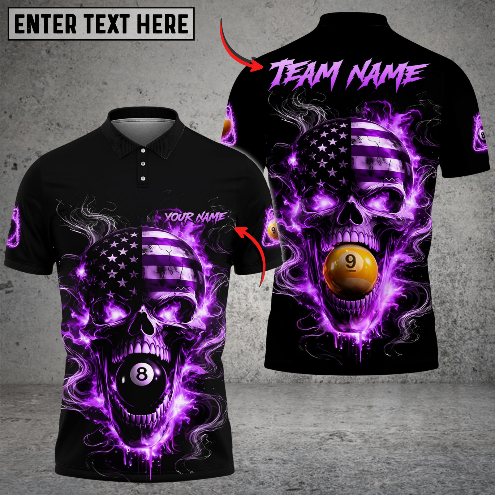Blisscorners Billiards 8 Ball 9 Ball Flame American Flag Skull Customized Name, Team Name 3D Shirt (4 Colors)