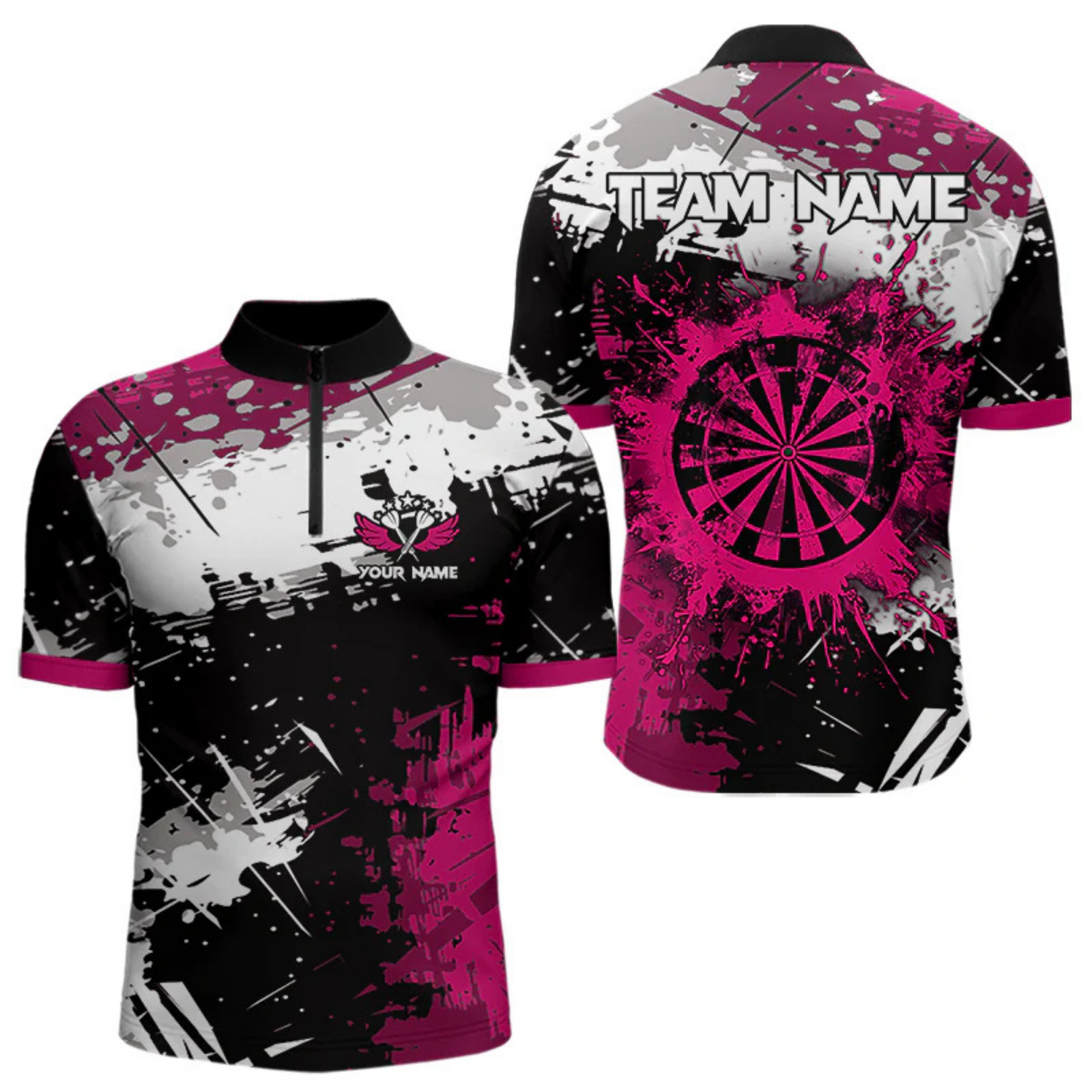 Blisscorners Pink Grunge Paint Splash Dart Polo & Quarter Zip Custom Dart Shirts For Men Darts Team Jerseys LM064