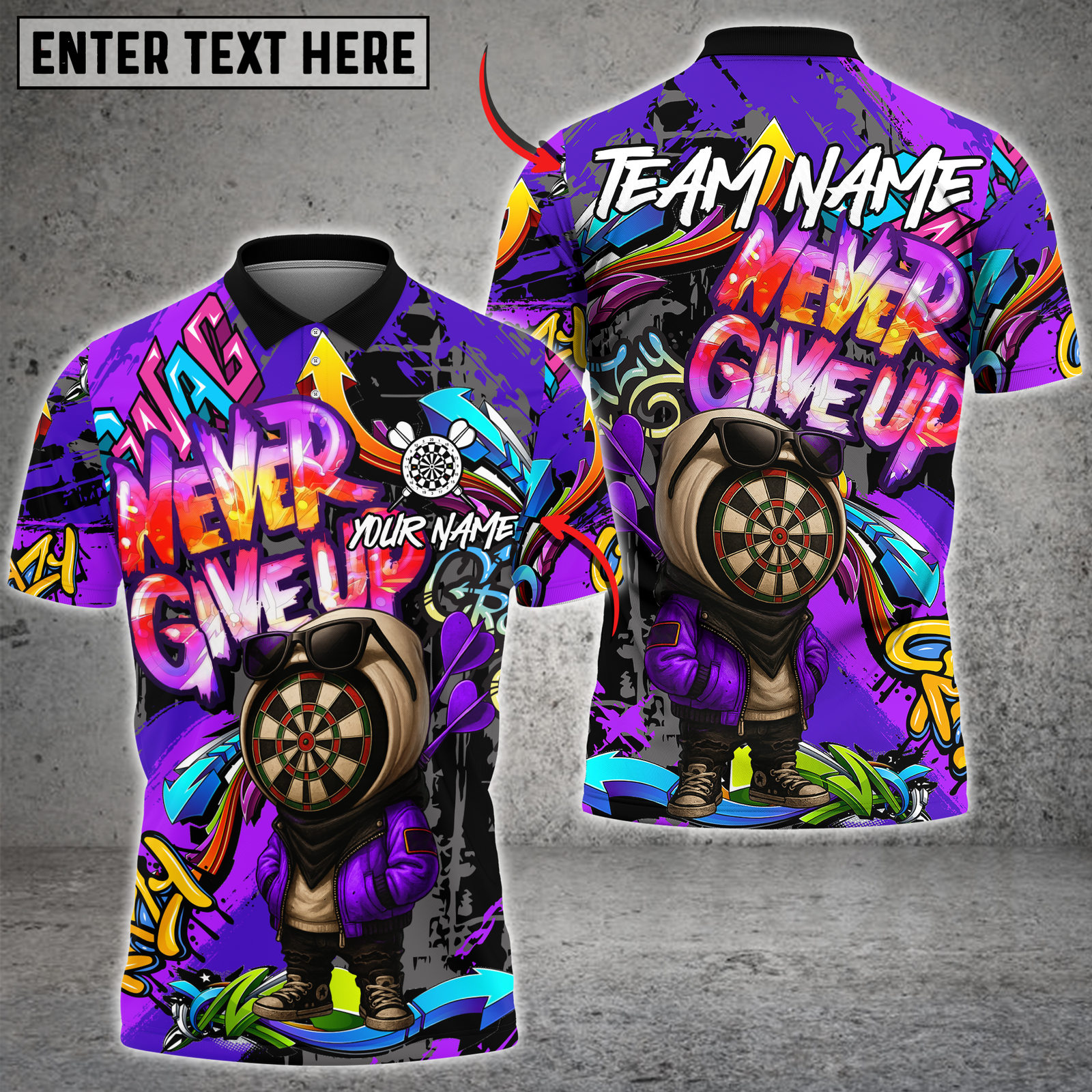 Blisscorners Darts Graffiti Dartboard Character Never Give Up Multicolor Customized Name, Team Name 3D Shirts