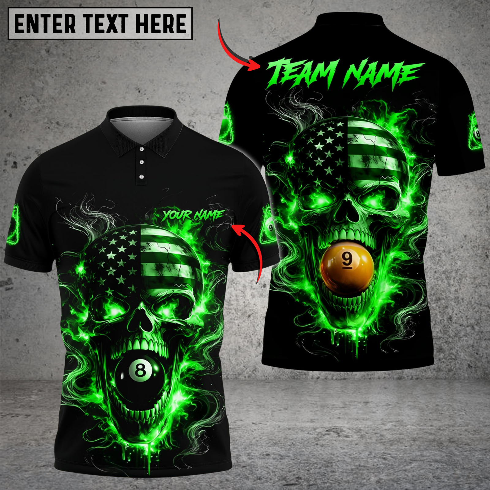 Blisscorners Billiards 8 Ball 9 Ball Flame American Flag Skull Customized Name, Team Name 3D Shirt (4 Colors)