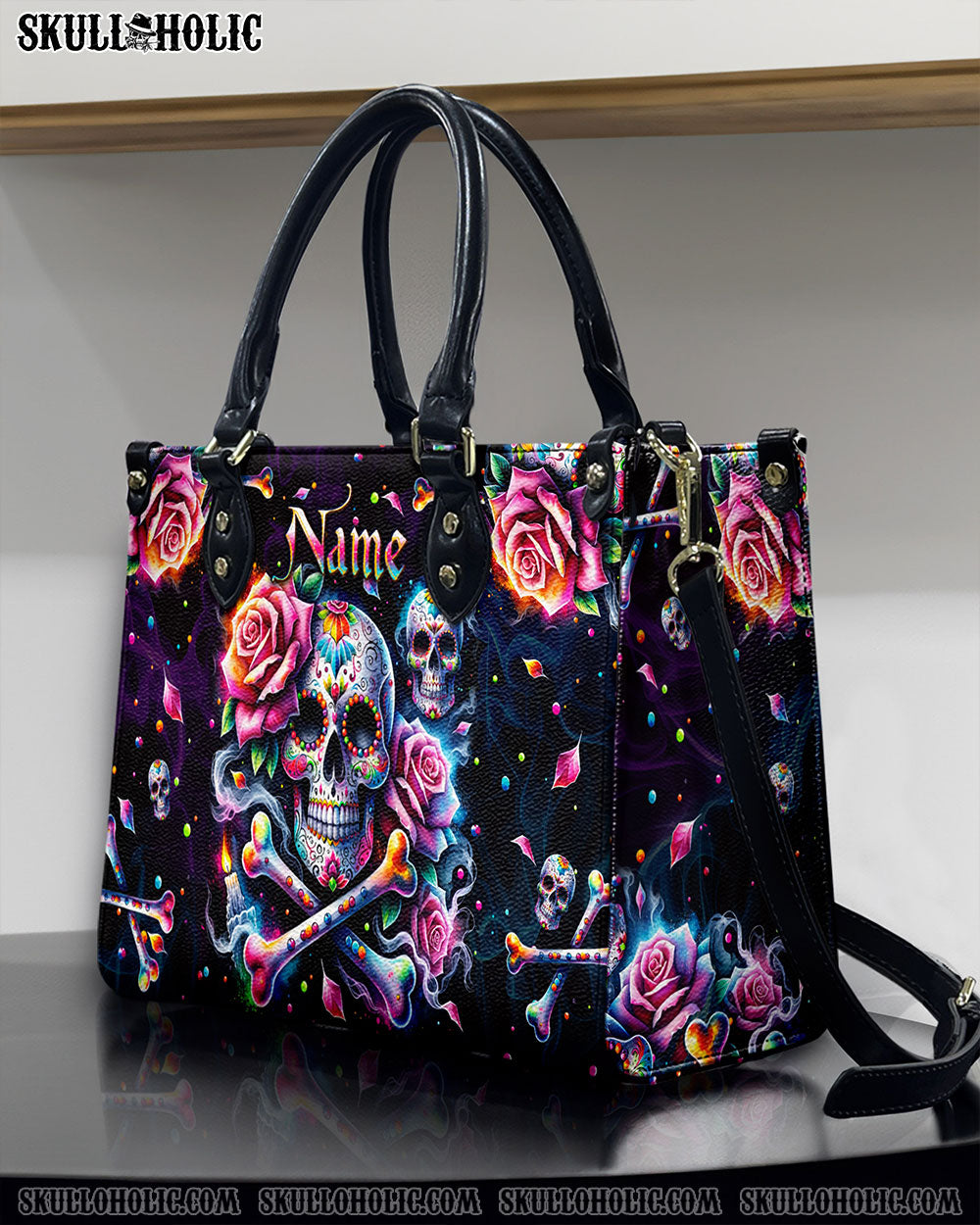 BLISSCORNERS SKULL BONES ROSE LEATHER HANDBAG