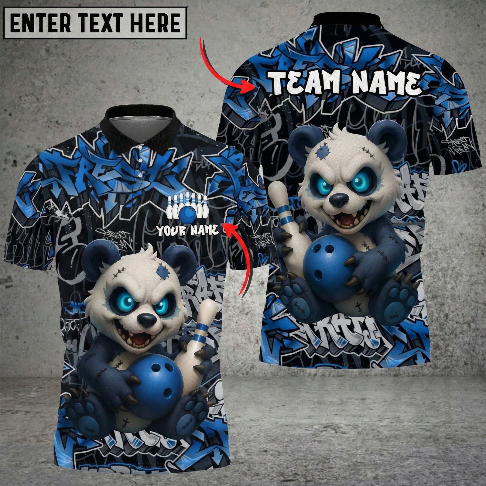 Blisscorners Bowling Graffiti Panda Multicolor Customized Name, Team Name 3D Shirts