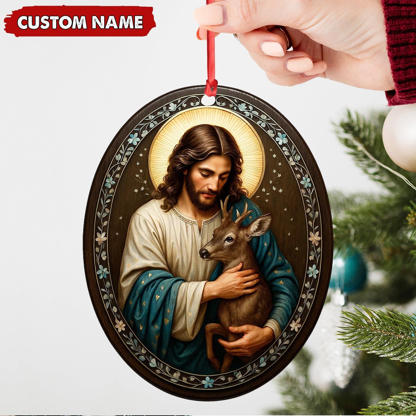 Blisscorners Custom Jesus Holding Deer Christmas Ornament, Personalized Name Christian Tree Decoration, Religious Woodland Gift for Faith Family MT2411